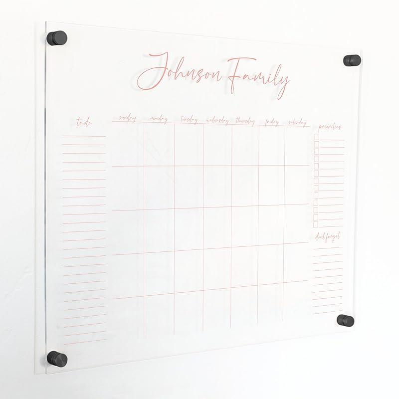Personalized Clear Acrylic Calendar for Wall, Calendar Whiteboard for Wall, Dry Erase Wall Calendar, Wall Calendar Organizer System for Home (Cursive, Blush, 23