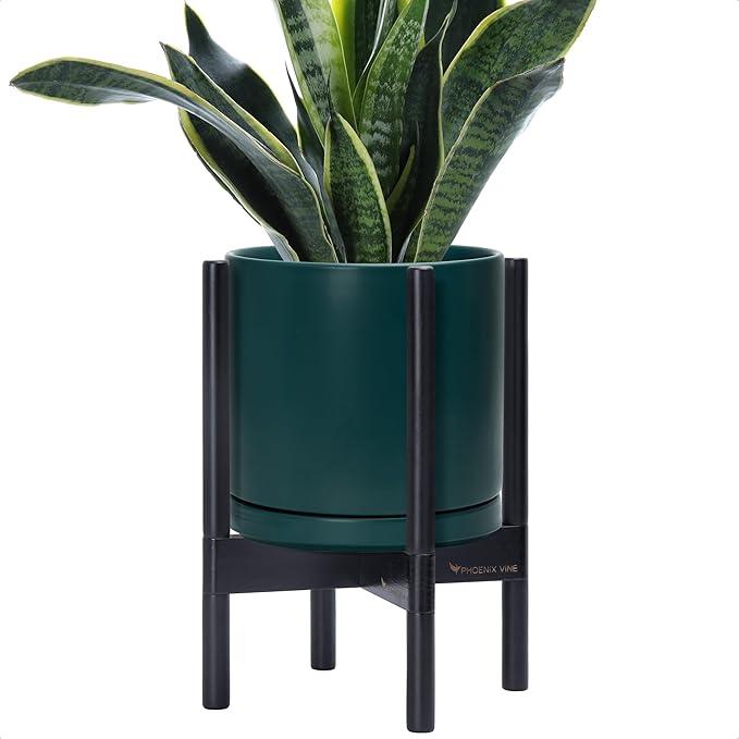 D'vine Dev Ceramic Planter with Ebony Stand - 10 Inch Modern Round Flower Pot with Wood Planter Holder, Teal, 55-B-L-4