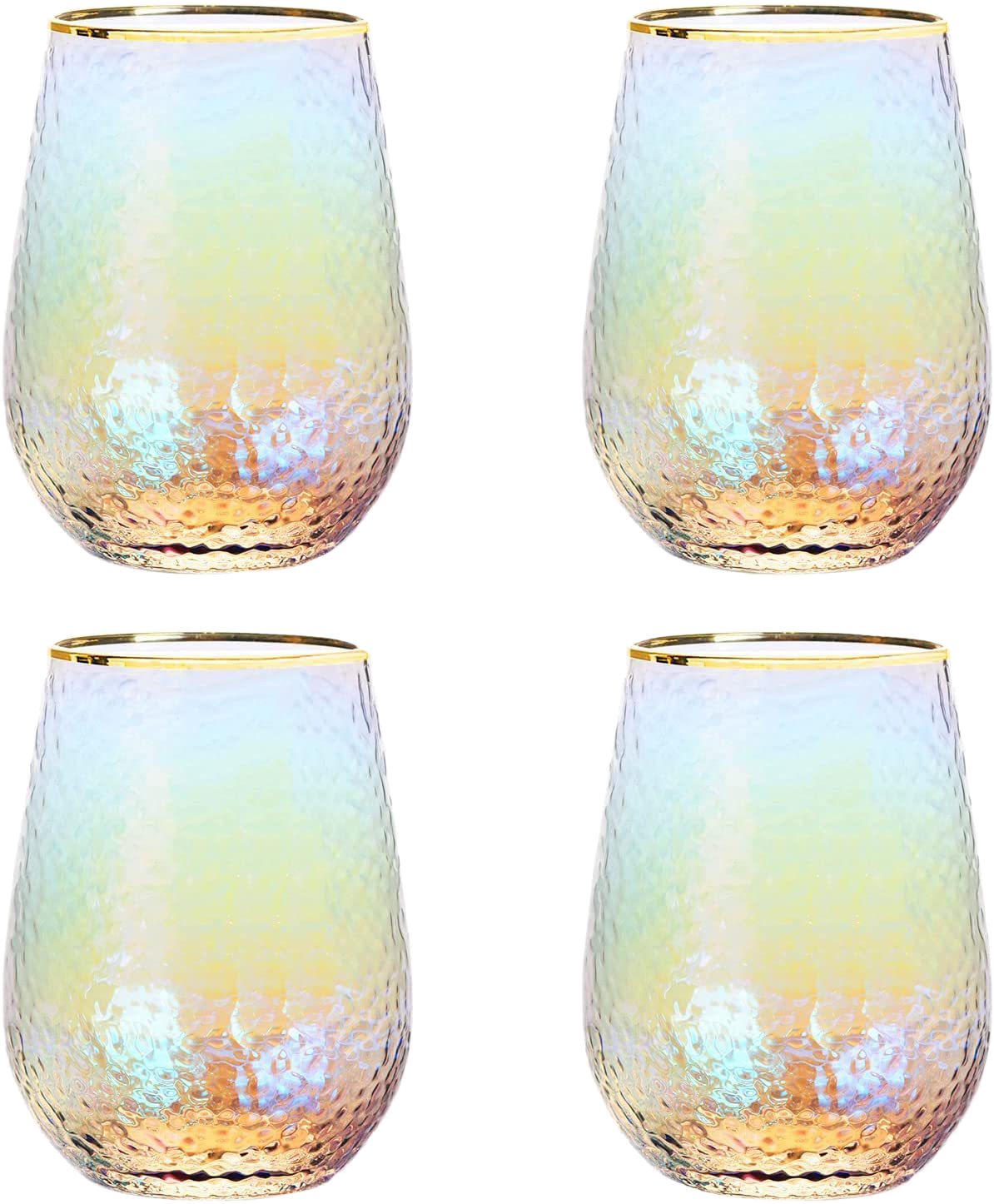 Festive Lustered Iridescent Stemless Wine & Water Glasses - Set of 4-100% Glass 15oz Mouthblown Colorful Glasses - Anniversaries, Birthday Gift, Cocktail Party Radiance - Water, Whiskey, Juice, Gift