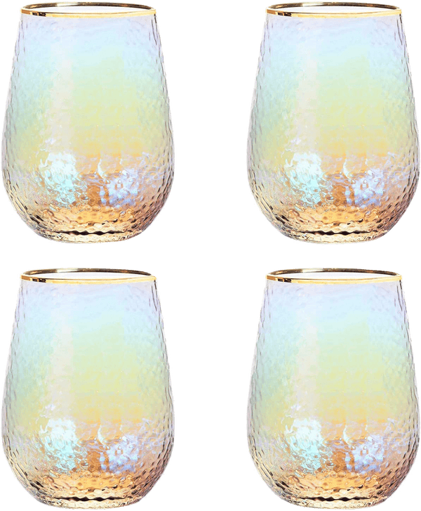 Festive Lustered Iridescent Stemless Wine & Water Glasses - Set of 4-100% Glass 15oz Mouthblown Colorful Glasses - Anniversaries, Birthday Gift, Cocktail Party Radiance - Water, Whiskey, Juice, Gift