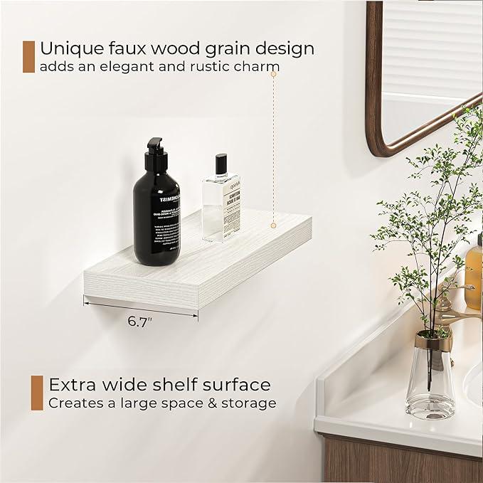 Fun Memories Floating Shelves - 16 Inch Rustic White Wall Shelf - Wall Mounted Shelves for Wall Decor Storage - Wooden Shelves with Invisible Brackets for Living Room, Bedroom, Kitchen, 2 Pack