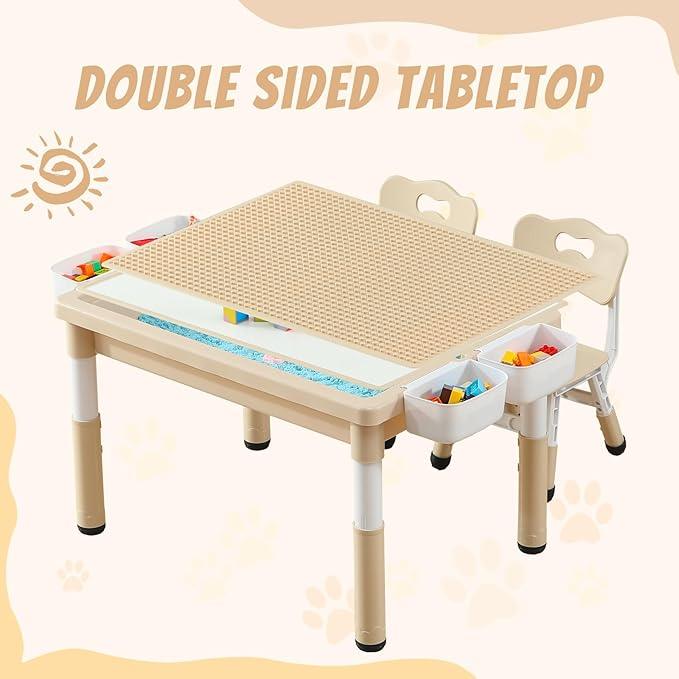 Multi Functional Kids Table and 2 Chairs Set, Graffiti & Building Blocks Double-Sided Tabletop, Toddler Play Table with Drawers, Large Storage Space, Gift for Boys/Girls, Burlywood