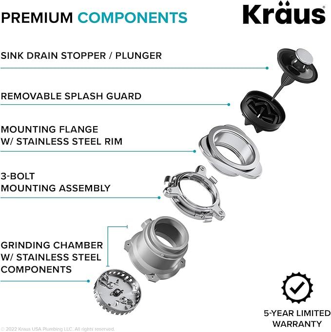 KRAUS® WasteGuard™ High-Speed 1/2 HP Continuous Feed Ultra-Quiet Motor Garbage Disposal with Power Cord and Flange Included and Universal Mount