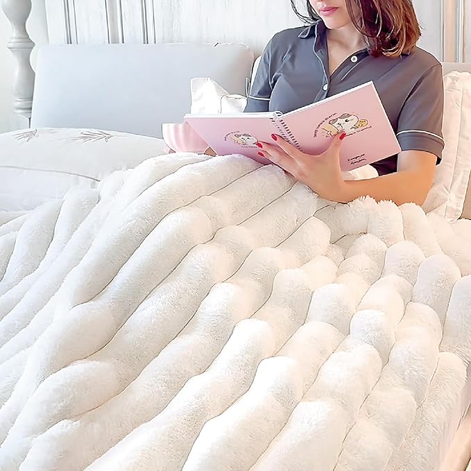 BEDELITE Faux Fur Throw Blanket for Couch, Soft and Cozy Luxurious 3D Striped Fluffy Blanket, 770GSM Thick Warm Plush Fuzzy Faux Rabbit Fur Blanket for Women Gift (Cream, 60