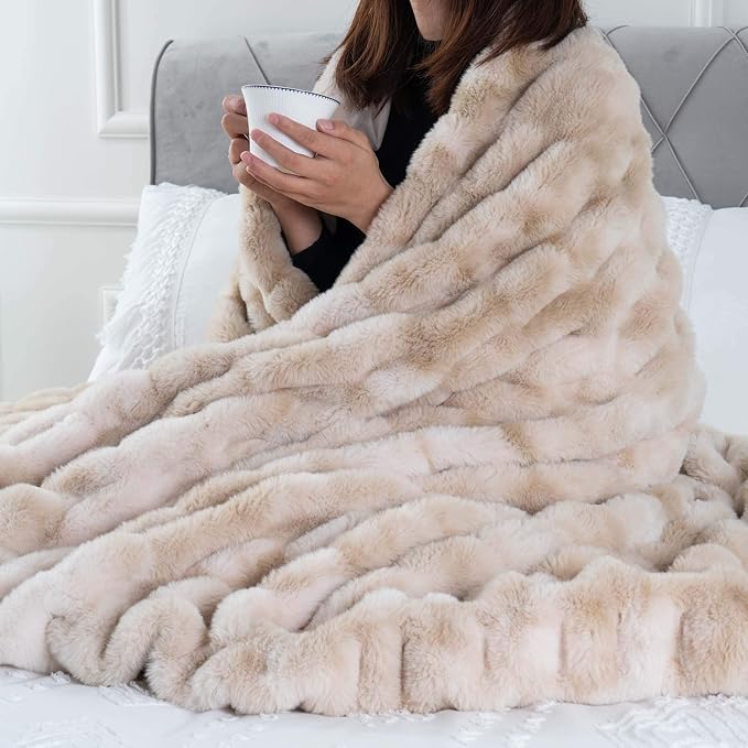BATTILO HOME Ruched Luxury Faux Fur Throw Blanket Beige Tie-dye Rabbit Fur Blanket for Couch, Living Room, Fuzzy, Soft, Plush, Cozy, Elegant with Reversible Mink Blanket Beige, 60