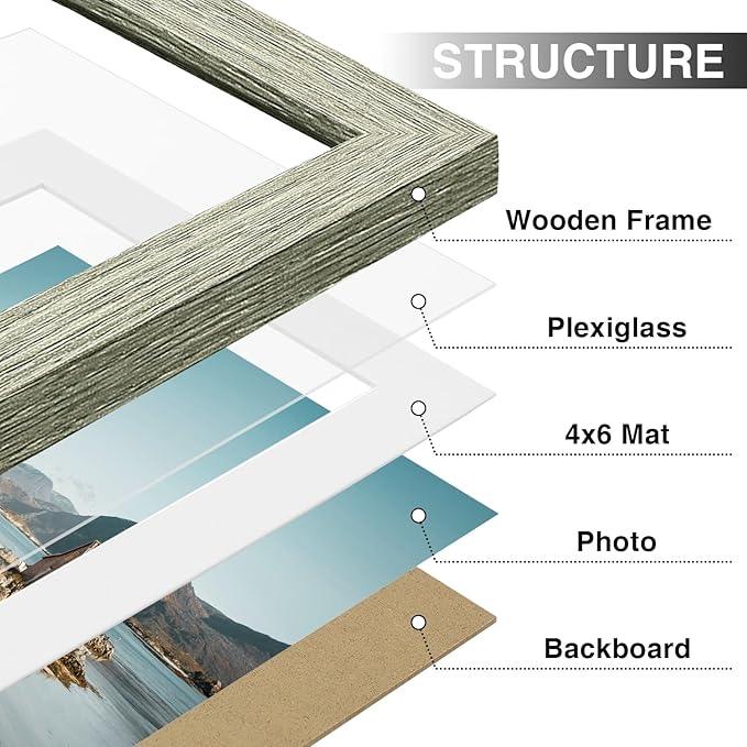 Vittanly 5x7 Picture Frames Set of 9, Shatter Resistant Plexiglass, Display 4x6 Pictures with Mat or 5x7 without Mat, Photo Frames for Wall or Tabletop, Engineered Wood, Driftwood