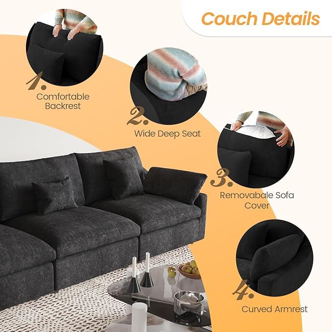 JACH Sectional Couches for Living Room, 4 Seater Cloud Sectional Couch with Deep Seat, Down Filled Modular Sofa, Covers Removeable & Washable, Sofas Furniture for Living Room, Black