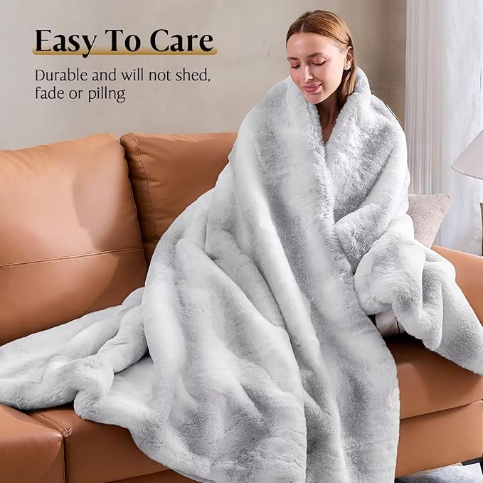 Luxury Faux Fur Blanket - Soft Warm Plush Blankets for Couch Sofa Bed, Fluffy Thick Throws for Bedroom, Office, Living Room, Decorative Reversible, Not Easy to shed - 70