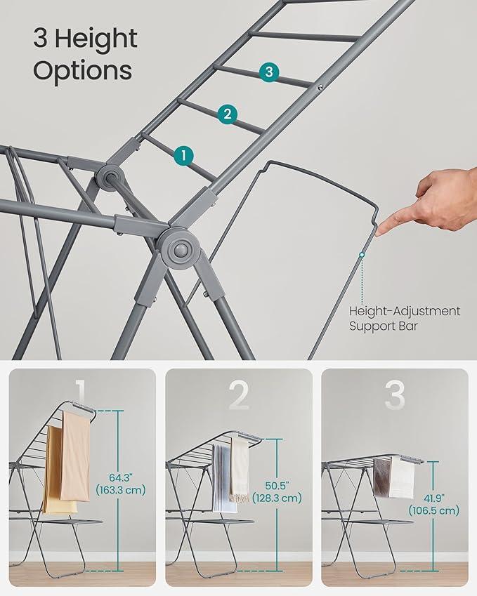 SONGMICS Clothes Drying Rack, Foldable 2-Level Laundry Drying Rack, Free-Standing Laundry Airer, with Height-Adjustable Wings, 33 Drying Rails, Sock Clips, Gray ULLR053G02V1