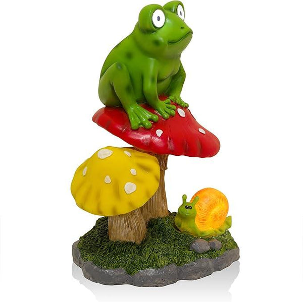 Alpine Corporation ZEN390SLR-S Frog on Mushroom Statue with LED Lights, Solar-Powered LED Frog Garden Statue, 12