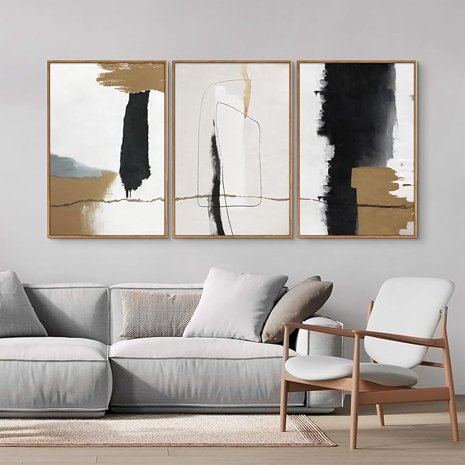 SIGNINART Black and White Abstract Framed Canvas Wall Art Set of 3, Beige Neutral Art Prints, Minimalist Modern Wall Decor for Living Room, Bedroom, Office,Above Couch 16