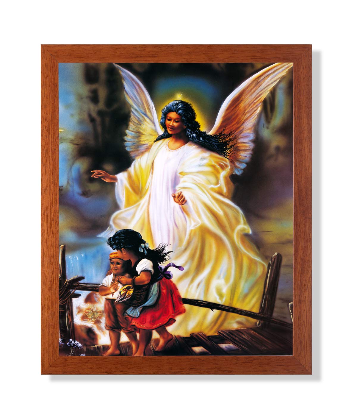 Guardian Angel Art Print – African American Children Protective Wall Decor, Honey Frame 16x20