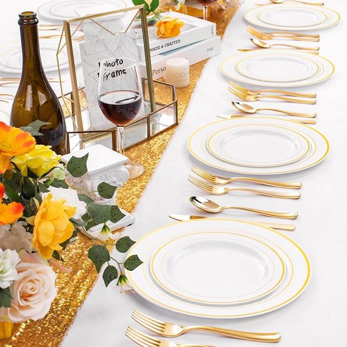 FLOWERCAT 60PCS Gold Plastic Plates - Heavy Duty White and Gold Plastic Plates Disposable for New Year/Thanksgiving Party/Wedding - Include 30PCS 10.25