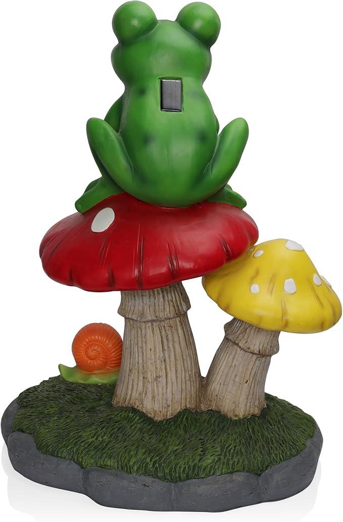 Alpine Corporation ZEN390SLR-L Frog on Mushroom Statue with LED Lights, Solar-Powered LED Frog Garden Statue, 24