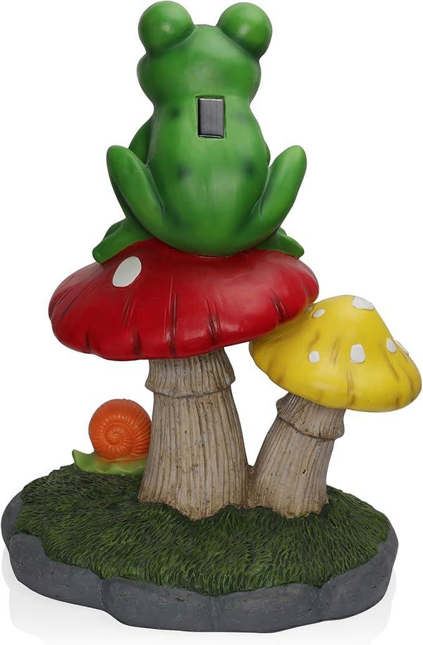 Alpine Corporation ZEN390SLR-L Frog on Mushroom Statue with LED Lights, Solar-Powered LED Frog Garden Statue, 24