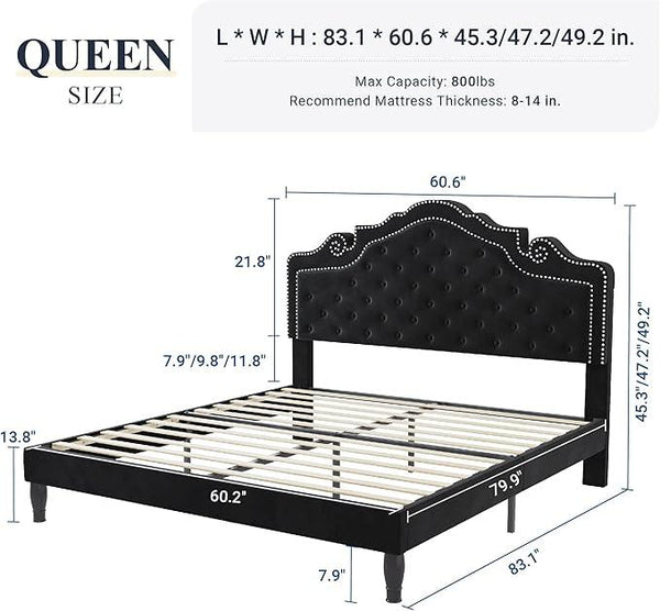 Allewie Queen Velvet Bed Frame with Adjustable Headboard, Wooden Slats, No Box Spring Needed, Easy Assembly, Black