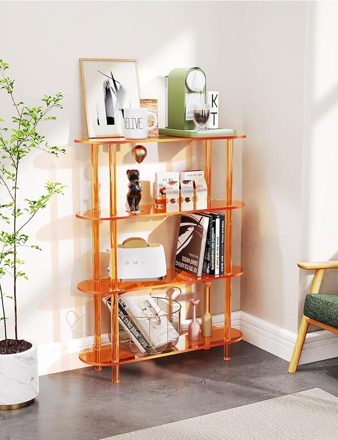 Clear Bookshelf, Acrylic Bookcase with Open Book Shelf for Office Living Room Bedroom (4 Tier Orange)