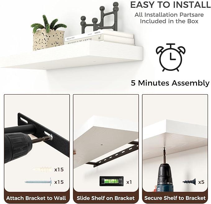 Floating Shelves - 2 Large Wall Mounted Shelves with Invisible Brackets, Long Wood Floating Wall Shelf for Living Room, Bedroom, Kitchen (White, 24