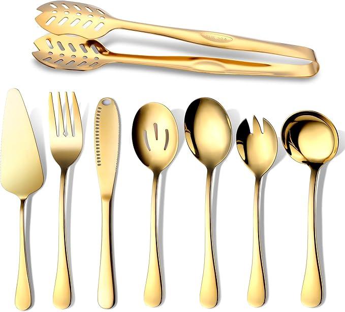 Gold Serving Utensils, OGORI 8-Piece Polished Stainless Steel Flatware Silverware Set Include Serving Spoon, Slotted Spoon, Cake Server, Soup Ladle, Fork, Salad Fork, Butter Knife, Serving Tong