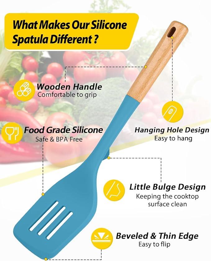 Pack of 2 Large Silicone Spatula, Heat Resistant Solid Turner, Non Stick Slotted Spatulas with Wooden Handle, Ideal Kitchen Utensils for Flipping, Pancakes, Eggs, Fish(BLUE)