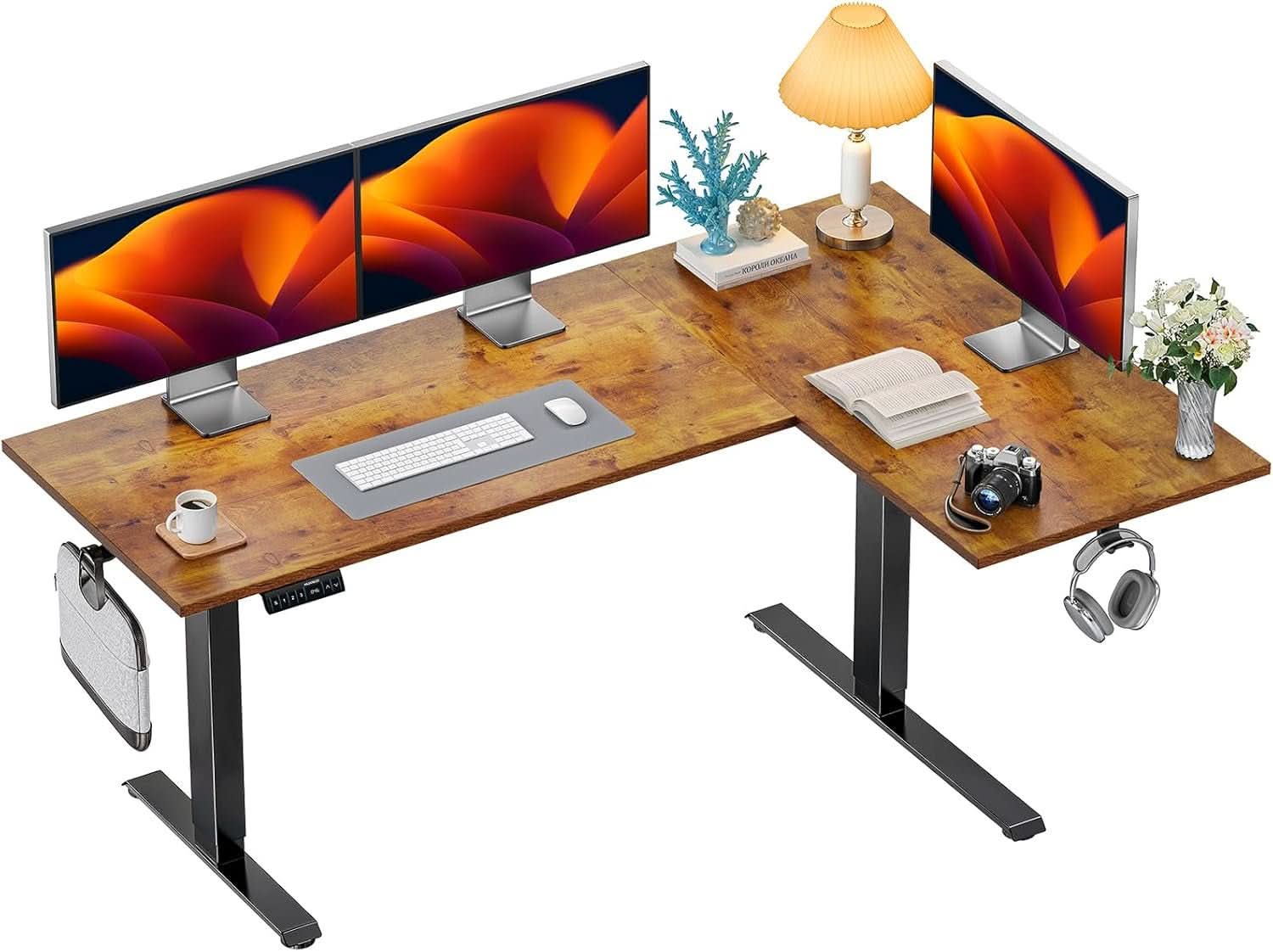 71x48 Inch L Shaped Electric Dual Motor Standing Desk Brown