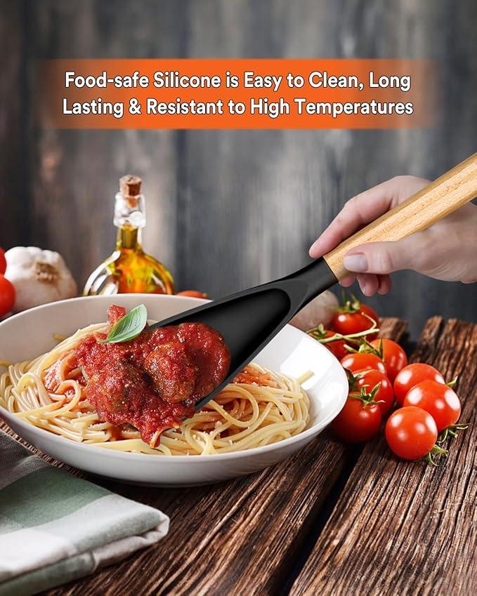 Multifunction Spatula Spoon for Nonstick Cookwares, Great for Cooking and Serving, Sturdy BPA-Free Matte Silicone, Wood Handle Spatula for Mixing, Scoop, and Scrape, Black(2 pack,11.4