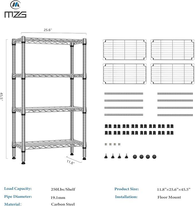 1000 lbs 4 Tier Shelf Metal Storage Shelves Wire Rack Closet Organizers for Garage Kitchen Bathroom Laundry Chrome 11.8