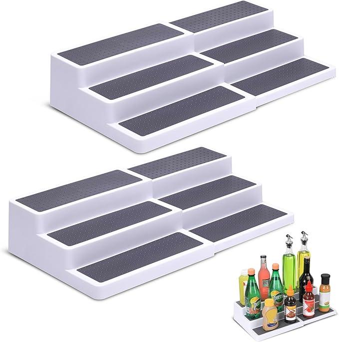 3-Tier Expandable Spice Rack, Plastic Spice Rack Organizer for Cabinet, Adjustable Length, Non-Skid Spice Shelf Organizer for Kitchen Cabinet, Countertop or Pantry, 2 Pack, White/Grey