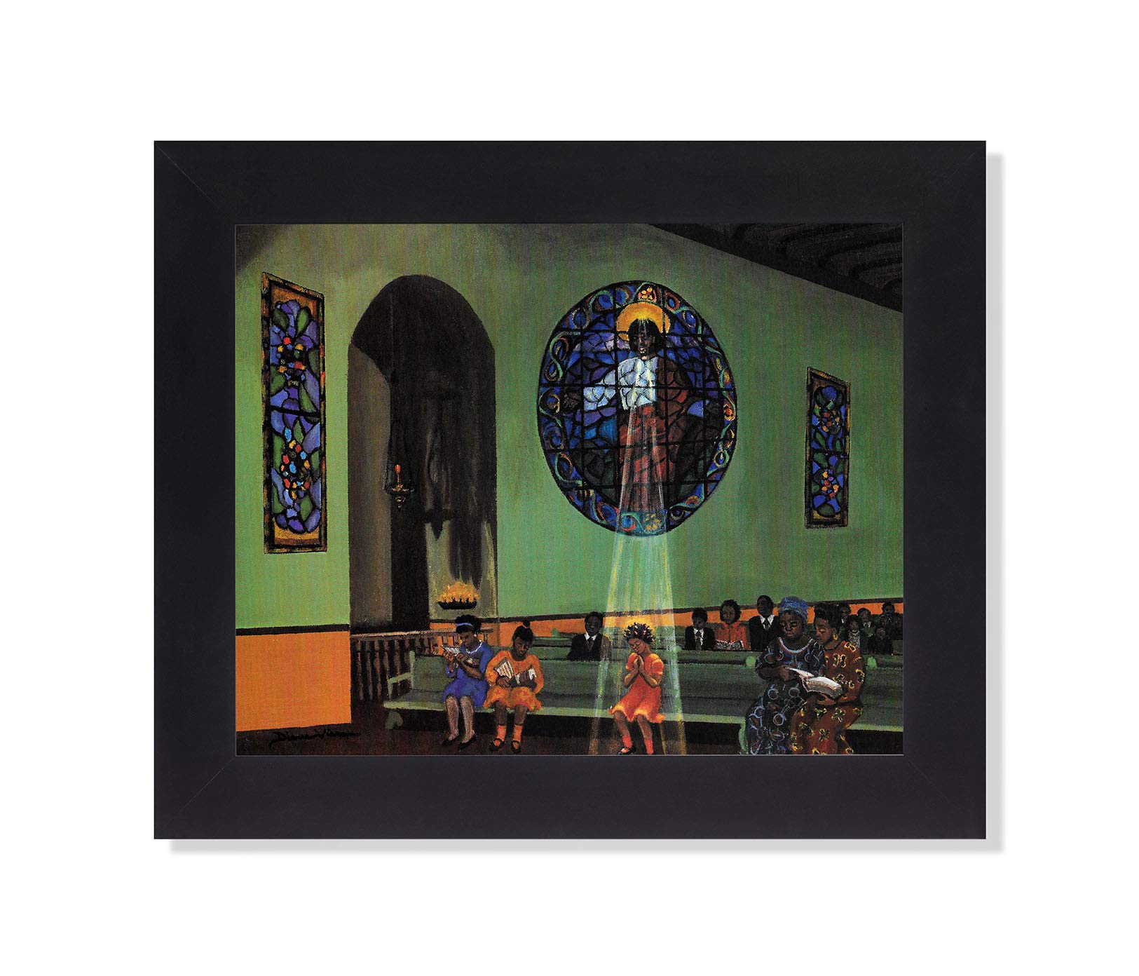Black Framed Art Print – African American Church Prayer 8x10 Jesus Light Painting