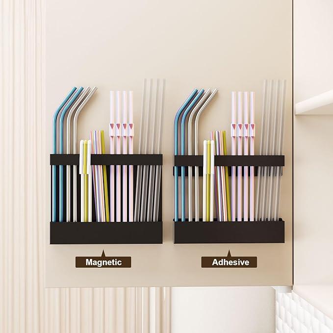 Magnetic & Adhesive Straw Organizer – Carbon Steel Utensil Holder for Reusable Straws, Chopsticks & Stirrers – Wall or Fridge Mount, Space-Saving Black Storage Rack