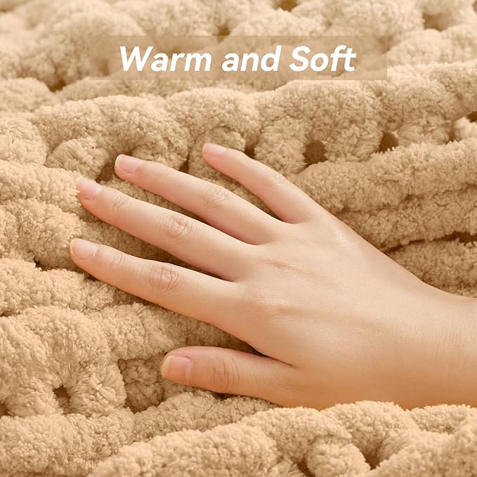 Chunky Knit Throw Blanket, 50''*60'' Knitted Throw Chenille Yarn for Bed Couch, Handmade Beige Crochet Big Thick Blanket, Machine Washable Cute Comfy Blanket for Home Decor