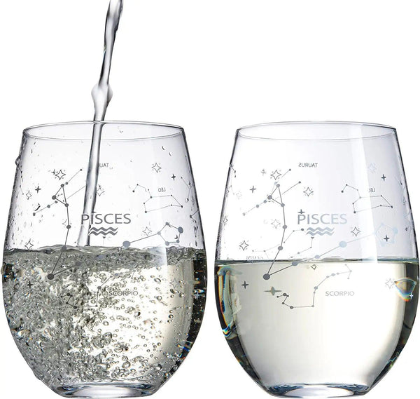 Set of 2 Zodiac Sign Wine Glasses with 2 Wooden Coasters by The Wine Savant - Astrology Drinking Glass Set with Etched Constellation Tumblers for Juice, Water Home Bar Horoscope Gifts 18oz (Pisces)