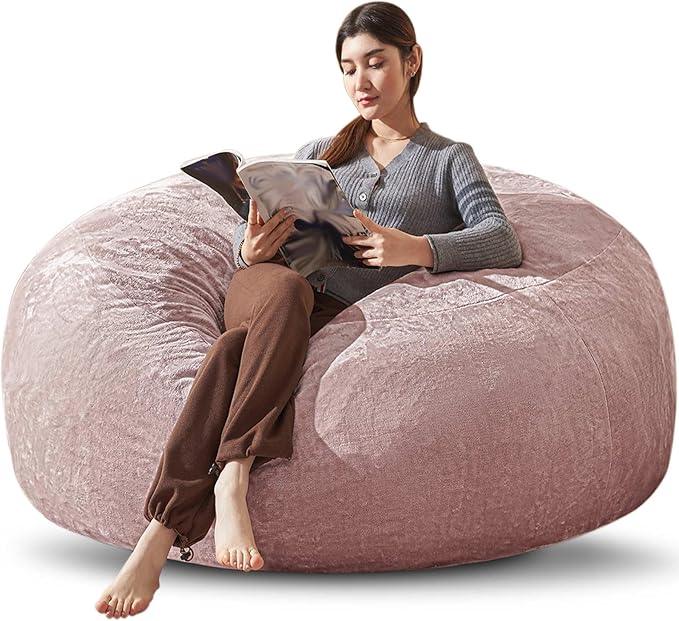Bean Bag Chair 6Ft, Memory Foam Filled, Large Beanbag Chairs for Adults and Teens, Soft Sofa with Removable Flannel Cover, Round Couch for Living Room Bedroom College Dorm (Pink, 6FT-67×67