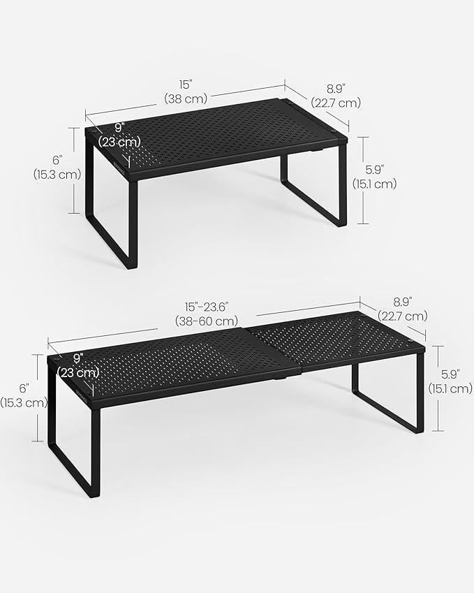 SONGMICS Spice Rack, Expandable Kitchen Countertop Shelf, Small Cupboard Organizer, Metal, Space-Saving Tabletop Shelf, Matte Black UKCS007B01