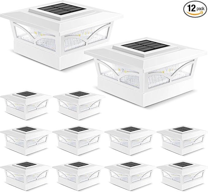 NIORSUN Solar Post Cap Lights Outdoor, 2 Modes LED, Deck Fence Post Solar Lights for 3.5x3.5 4x4 5x5 Post Caps Patio Garden Decoration, Solar Post Lights Warm White/Cool White Lighting White 12 Pack