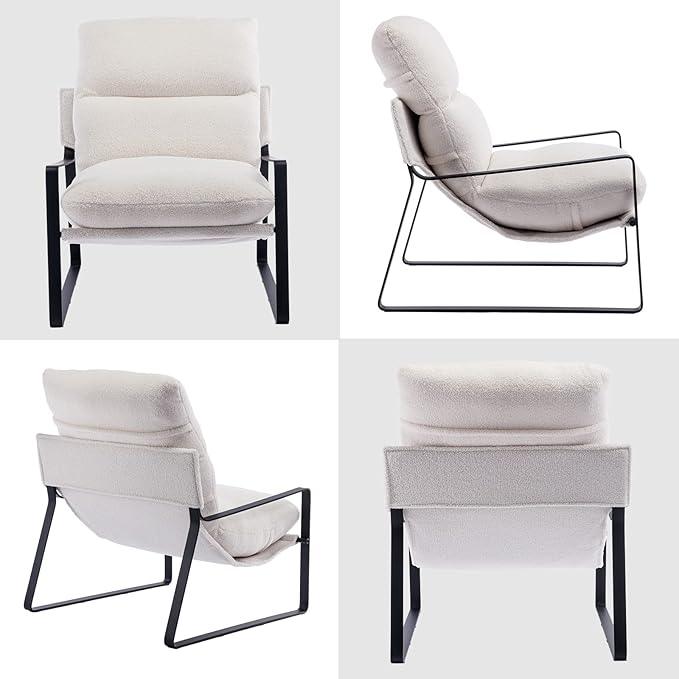 DUOMAY Modern White Sherpa Accent Chair Set of 2, Comfy Lounge Lazy Chair with Metal Leg, Mid-Century Corner Arm Chair for Living Room Bedroom Office Apartment