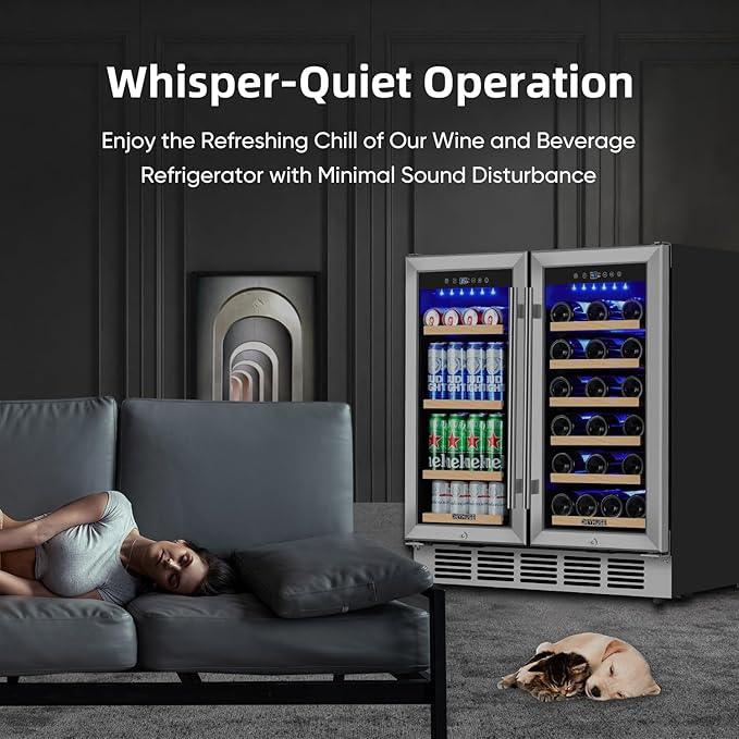 Wine and Beverage Refrigerator 30 Inch, Beverage Fridge Dual Zone with Upgraded Cooling, Wine Beverage Cooler Built-in or Freestanding, 30 Bottles and 110 Cans Large Capacity
