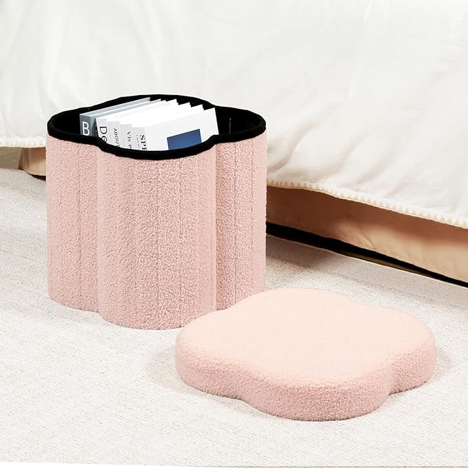 B FSOBEIIALEO Storage Ottoman Cube, Flowers Shaped Ottomans with Storage Foot Stool Footrest for Lving Room, Boucle Ottoman Seat for Dorm Room,Faux Teddy Fur, Pink 12.6