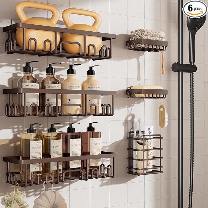 Veken Shower Caddy 6-Pack, No Drilling & Rustproof, Waterproof Adhesive Shelves Rack with Soap Holder, Large Capacity Bathroom Organizers and Storage, Wall-Mounted Kitchen & Home Decor