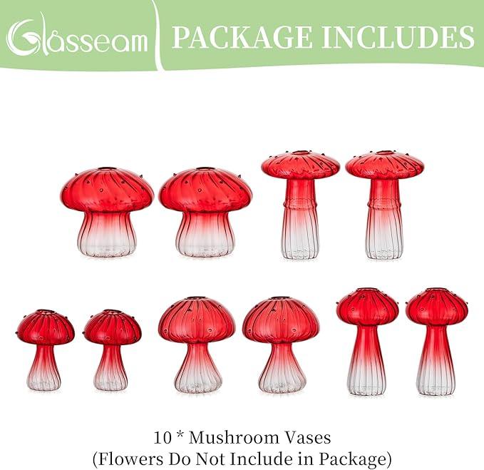Glasseam Mushroom Plant Propagation Stations: Red Glass Terrarium Jar Set of 10 Cute Planters for Indoor Plants Mini Propagate Station Unique Christmas Birthday Gifts for Women Home Office Decor