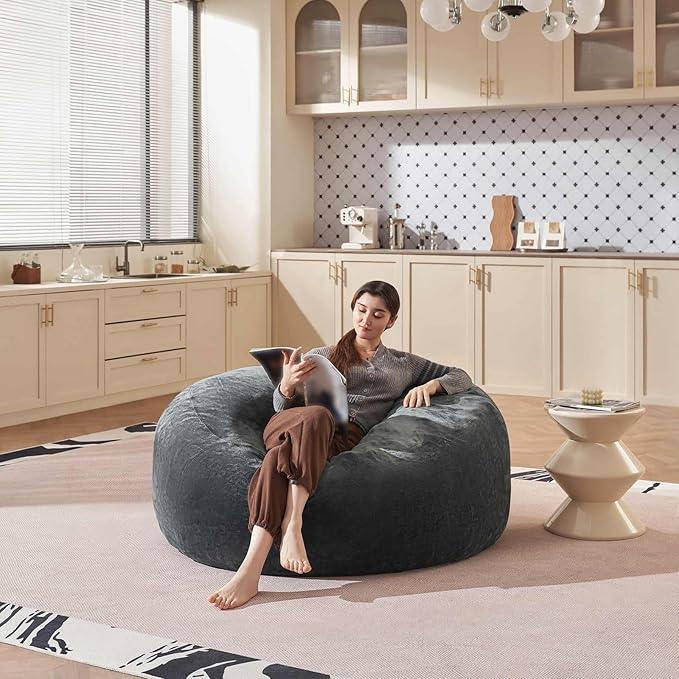Bean Bag Chair 4Ft, Memory Foam Filled, Large Beanbag Chairs for Adults and Teens, Soft Sofa with Removable Flannel Cover, Round Couch for Living Room Bedroom College Dorm (Dark Gray, 4FT-47×47