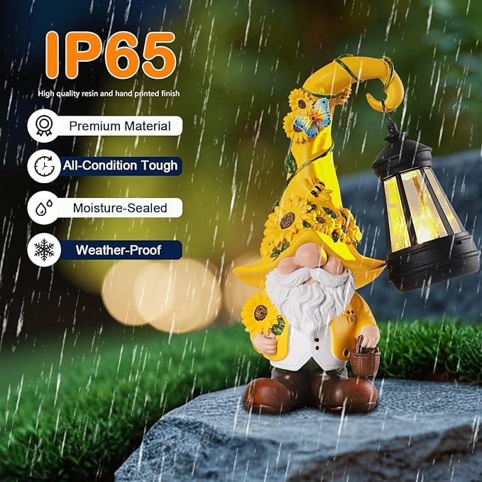 Solar Garden Decor - Sunflower Gnome Statue with Lantern 9.1