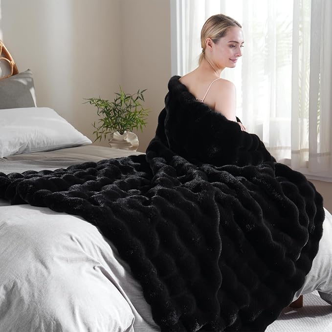 BENVWE Faux Fur Throw Blanket for Couch Bed - Fluffy Soft Thick Bubble Blanket for Living Room Home Decor - Fathers Day Birthday Gifts for Women Men, Black, 60