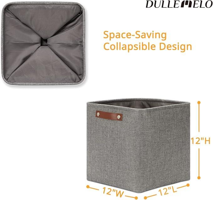 DULLEMELO 12 inch Cube Storage Bins, Large Collapsible Grey Storage Baskets for Square Cubes Organizing, Fabric Boxes Bins for Shelves Nursery Home Office Storage(4 Pack - 12