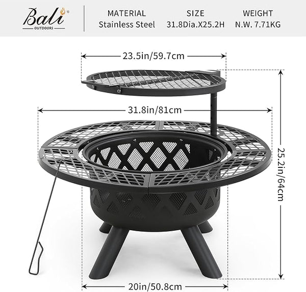 BALI OUTDOORS Fire Pit with Poker, 32 inch Outdoor Fire Pit Patio, Wood Burning Firepits for Outside with Grill