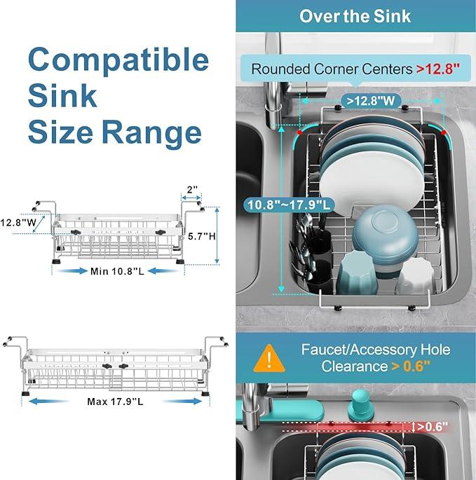 GSlife in Sink Dish Drying Rack - Stainless Steel Capacity Expandable Over The Sink Dish Drainer with Lock Knob and Utensil Holder for Kitchen Sink, 10.8