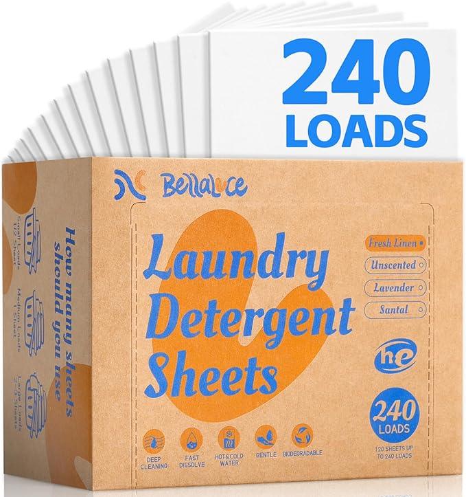 Laundry Detergent Sheets - 240 Loads, Hypoallergenic,Deep Cleaning, Fresh Linen Scent, Plastic-Free, Eco-Conscious,Paraben-Free,Fast Dissolve, Perfect for Home,Dorms,Travel,Camping,College Essentials