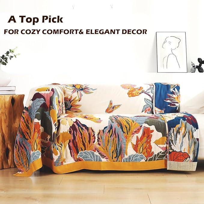 Boho Large Throw Blanket, 100% Organic Cotton Breathable Soft Bed King Throw - Fall Floral Bird Butterfly Farmhouse Decor Blanket for Sofa Couch Chair and Gift. 91