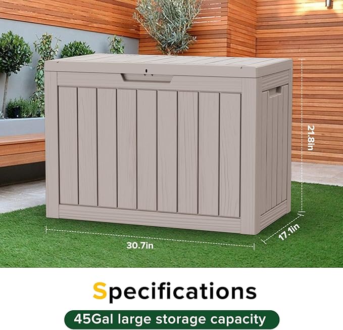 46 Gallon Outdoor Deck Box,Storage Lockable Waterproof Patio Furniture,Garden Tools,Cushions,Pool Accessories Outside Storage Resin Box(Light Brown)