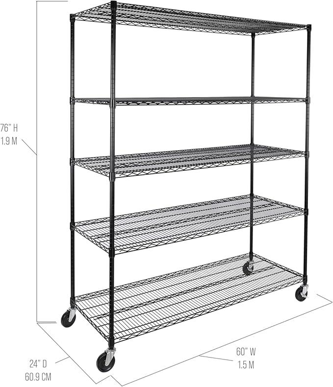 Seville Classics UltraDurable Heavy Duty NSF Solid Steel Wire Rack Storage Unit, Organizer for Garage, Warehouse, Office, Restaurant, Classroom, Kitchen, Black, 5-Tier Shelving, 60